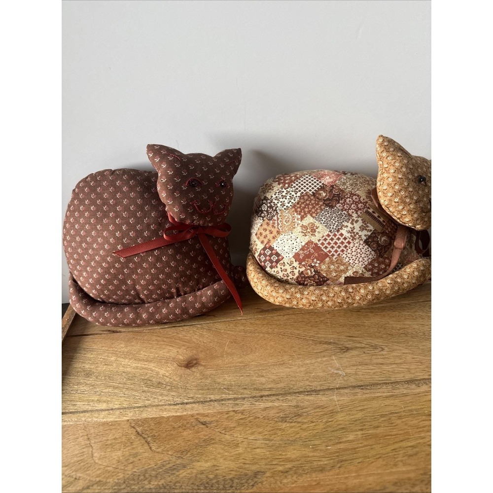 Vintage Handmade Sewn Stuffed Fabric Set Of 2 Cats Kitten Brown